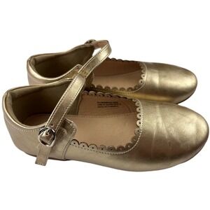 Tegeerk Girls Sz 12  Mary Jane Flats Gold Buckle Strap Scalloped Trim Metallic